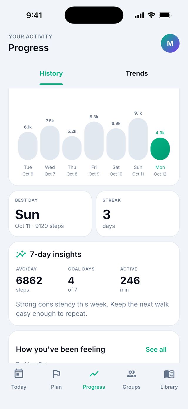 Progress with your chart, best day and streak.