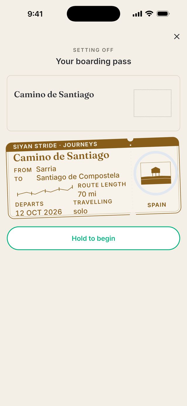Your boarding pass. Hold the button to start.