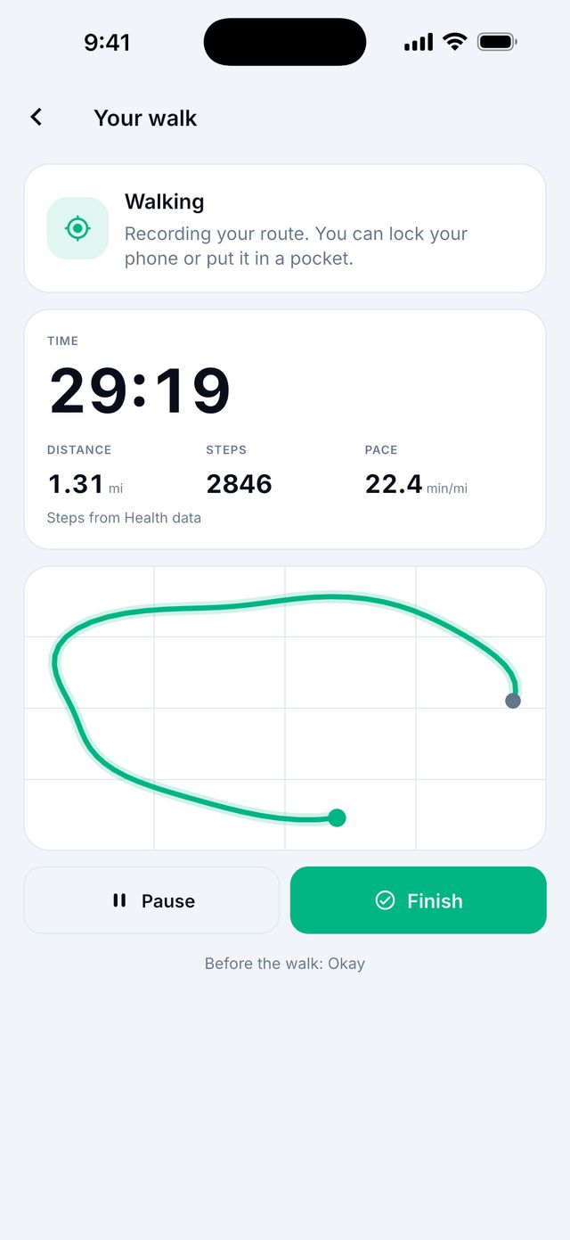 During the walk: time, steps, distance and pace.